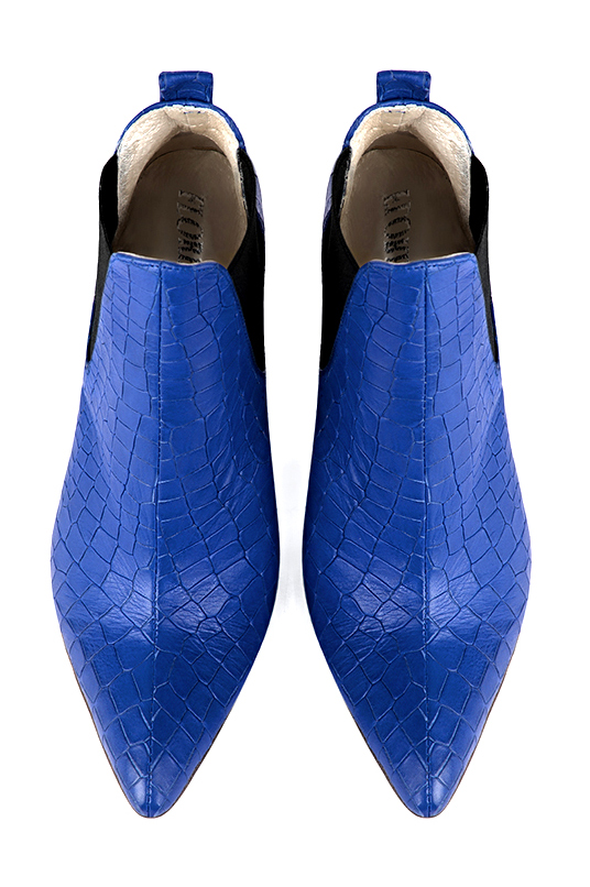 Electric blue and matt black women's ankle boots, with elastics. Tapered toe. High block heels. Top view - Florence KOOIJMAN